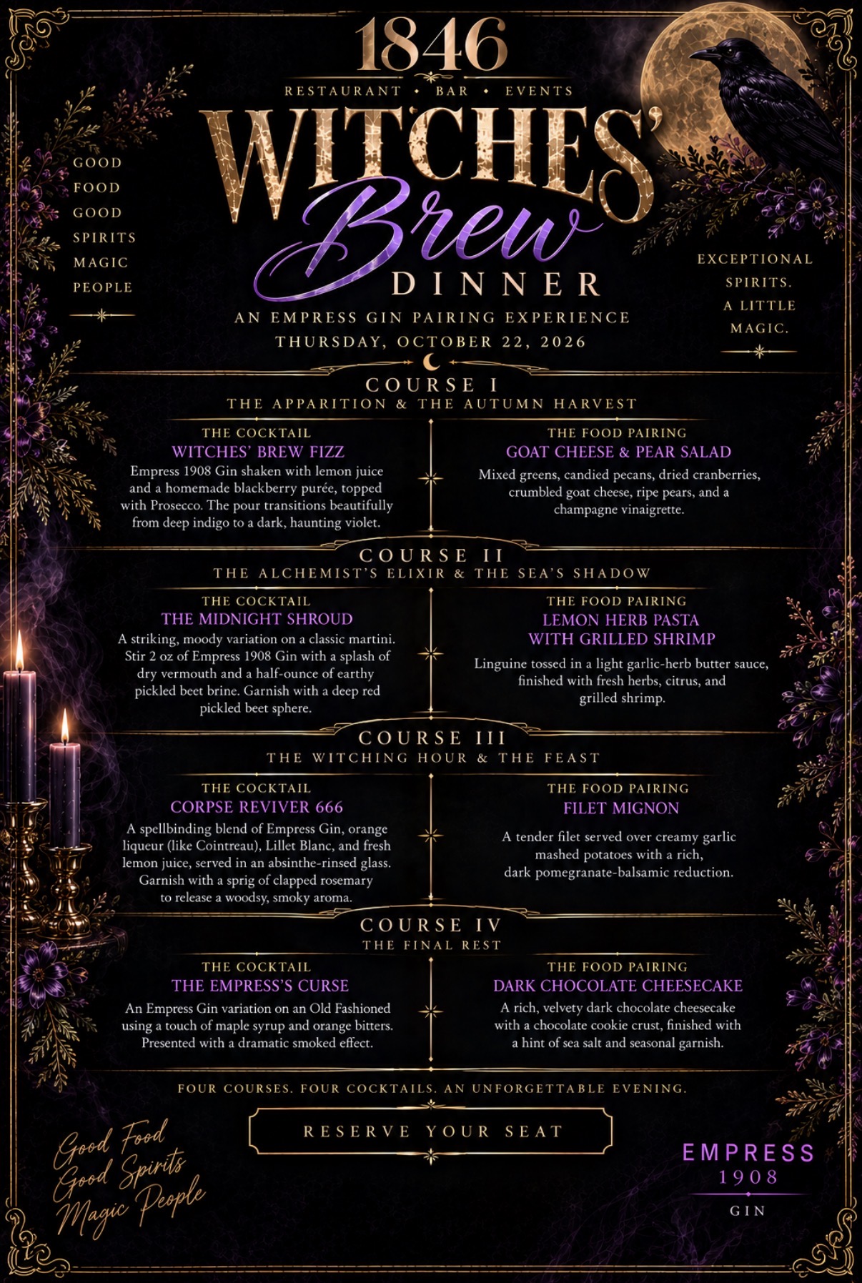 Witches' Brew Dinner four-course Empress Gin pairing menu for October 22, 2026