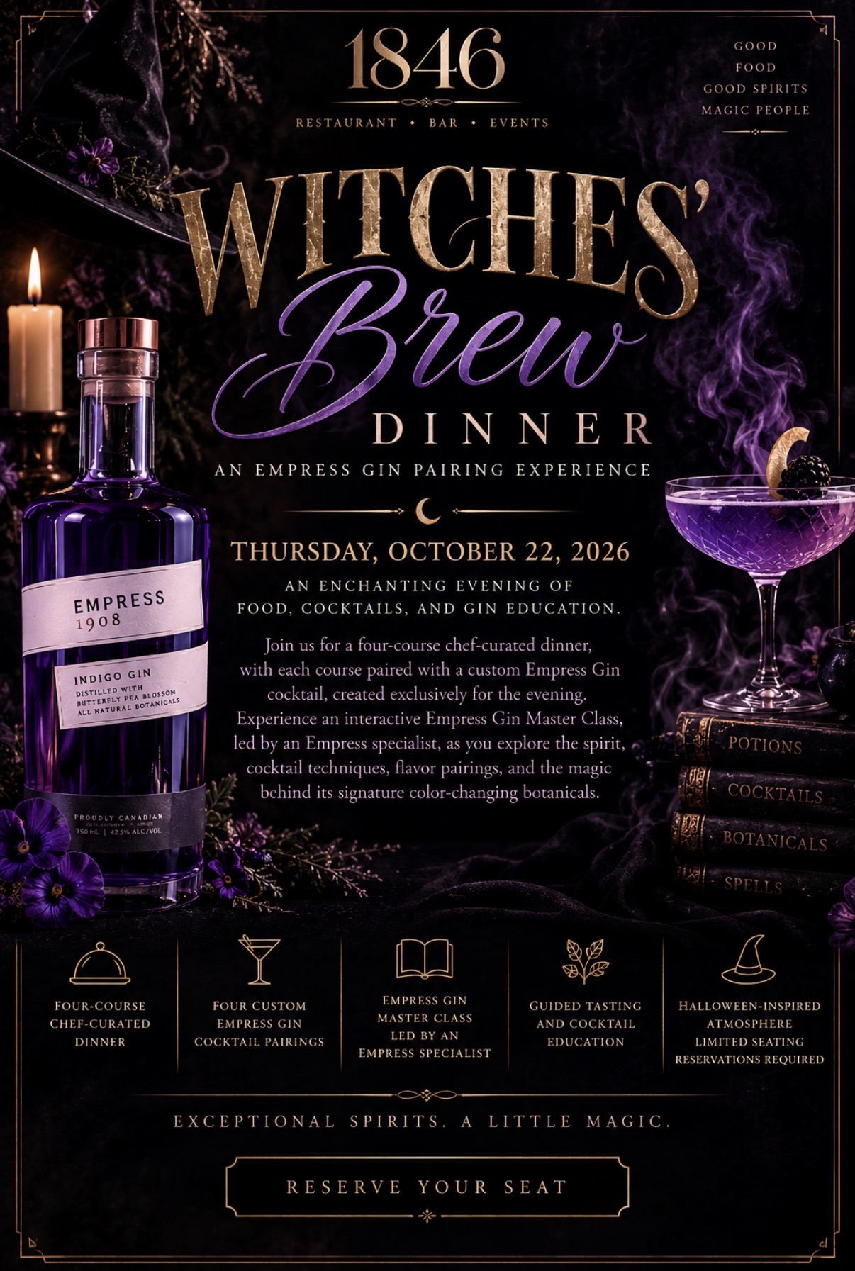 1846 Witches' Brew Dinner, an Empress Gin pairing experience on Thursday October 22, 2026