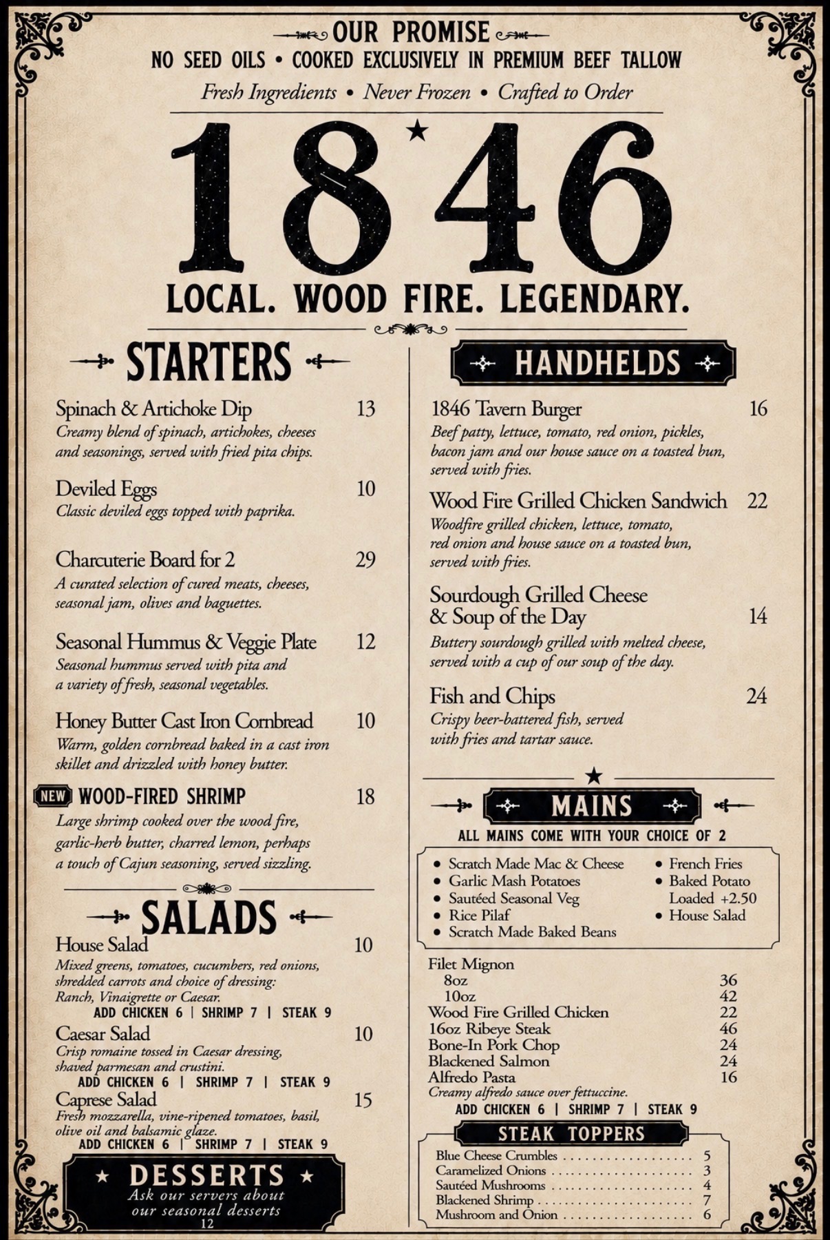 The new 1846 restaurant menu featuring starters, salads, handhelds, mains, steak toppers and desserts