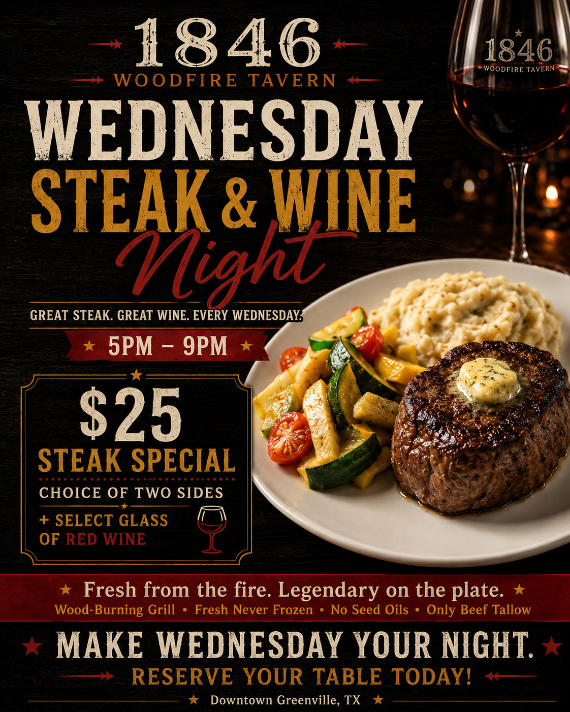 1846 Wednesday Steak & Wine Night - steak with mashed potatoes, squash and a glass of red wine