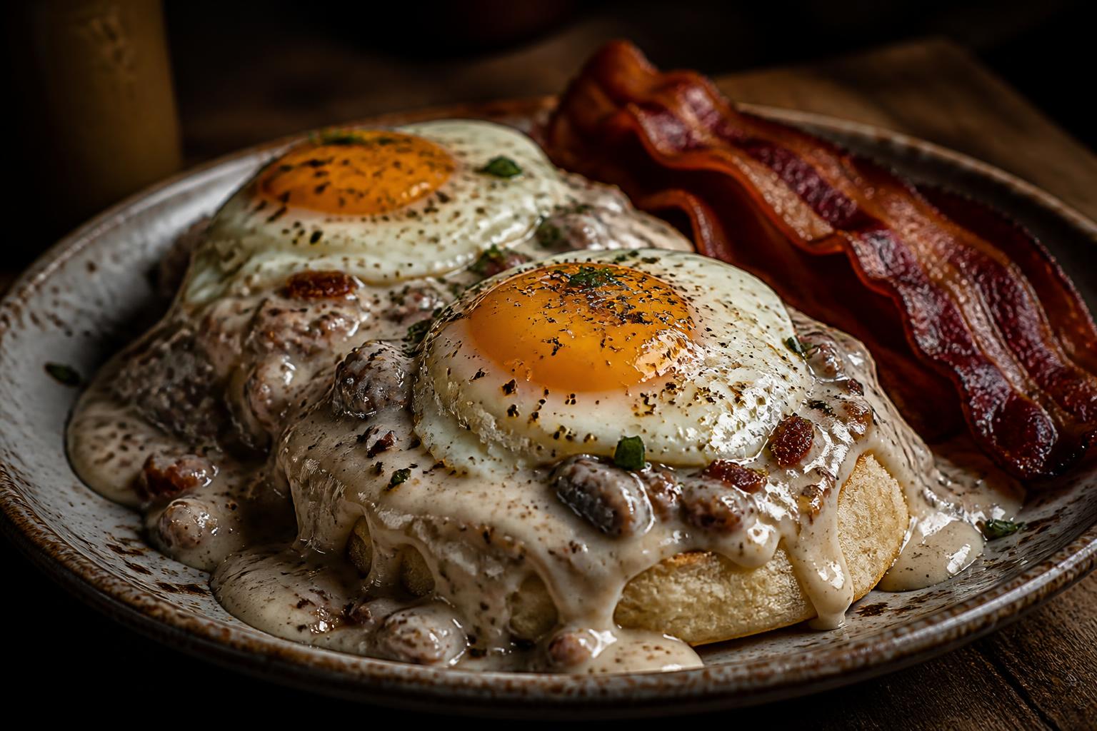 Biscuits and gravy with two eggs and crispy bacon