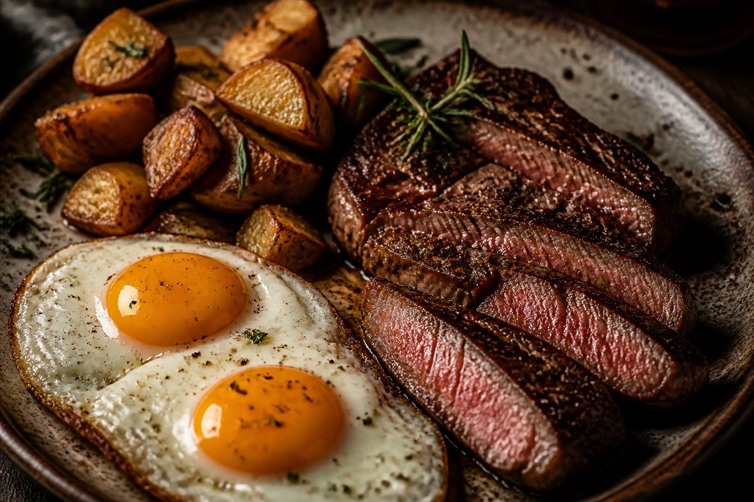 Steak and eggs - seared steak, two eggs your way and rosemary fried potatoes