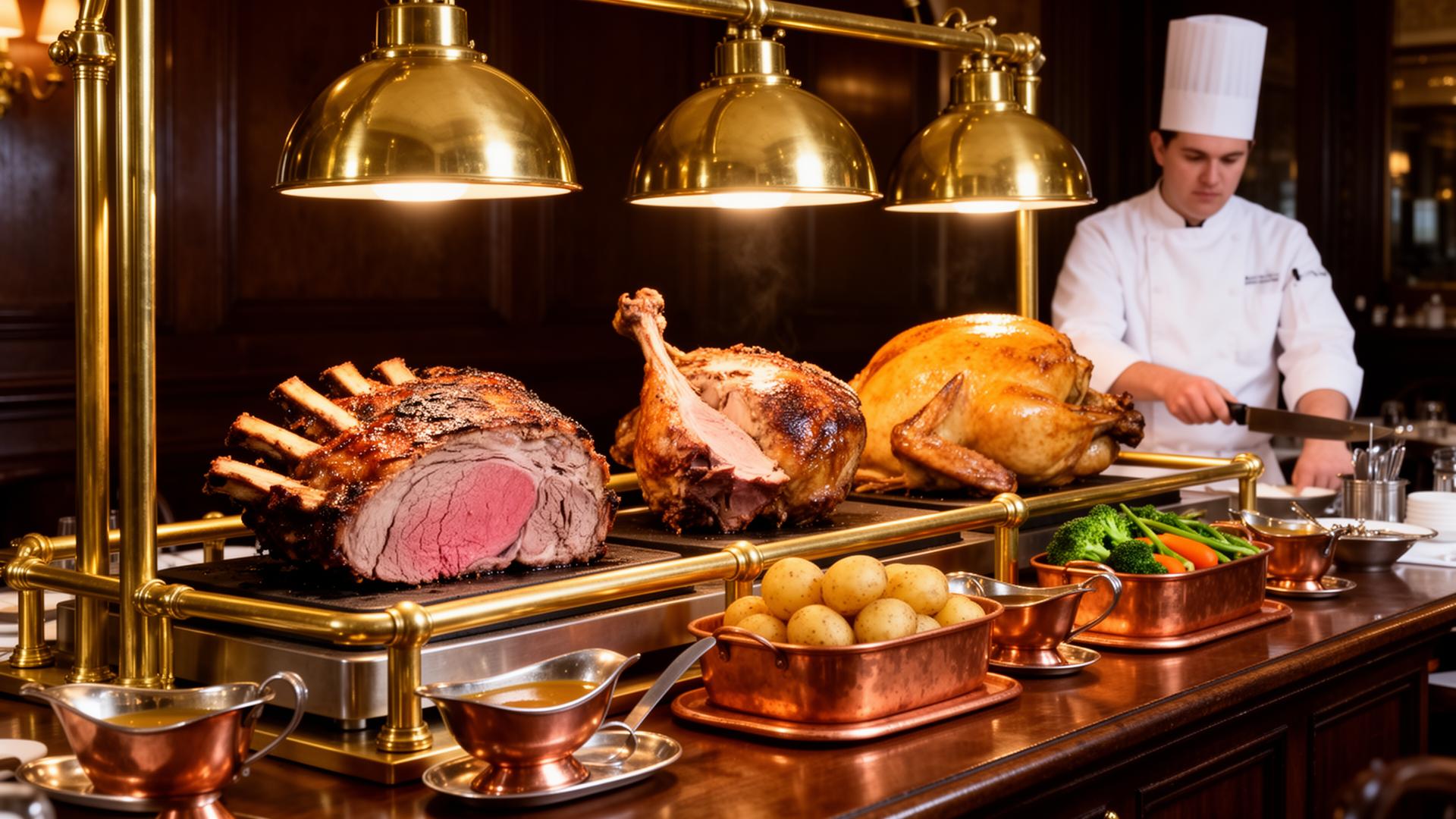 Three magnificent roast joints — beef, lamb and turkey — under brass heat lamps at the 1846 carvery station